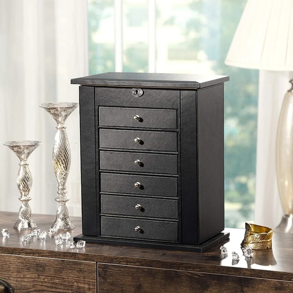 6 Tier Jewelry Box w/ Drawers, Mirror, Lock - Black Vegan Leather - Picture 6 of 7